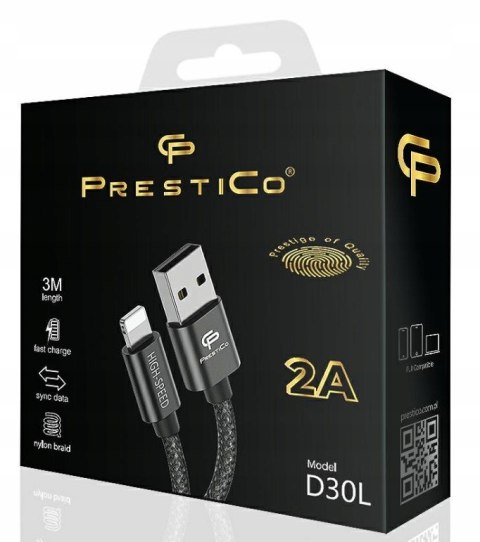 Kabel Prestico USB - Apple Lightning 3 m czarny 2A